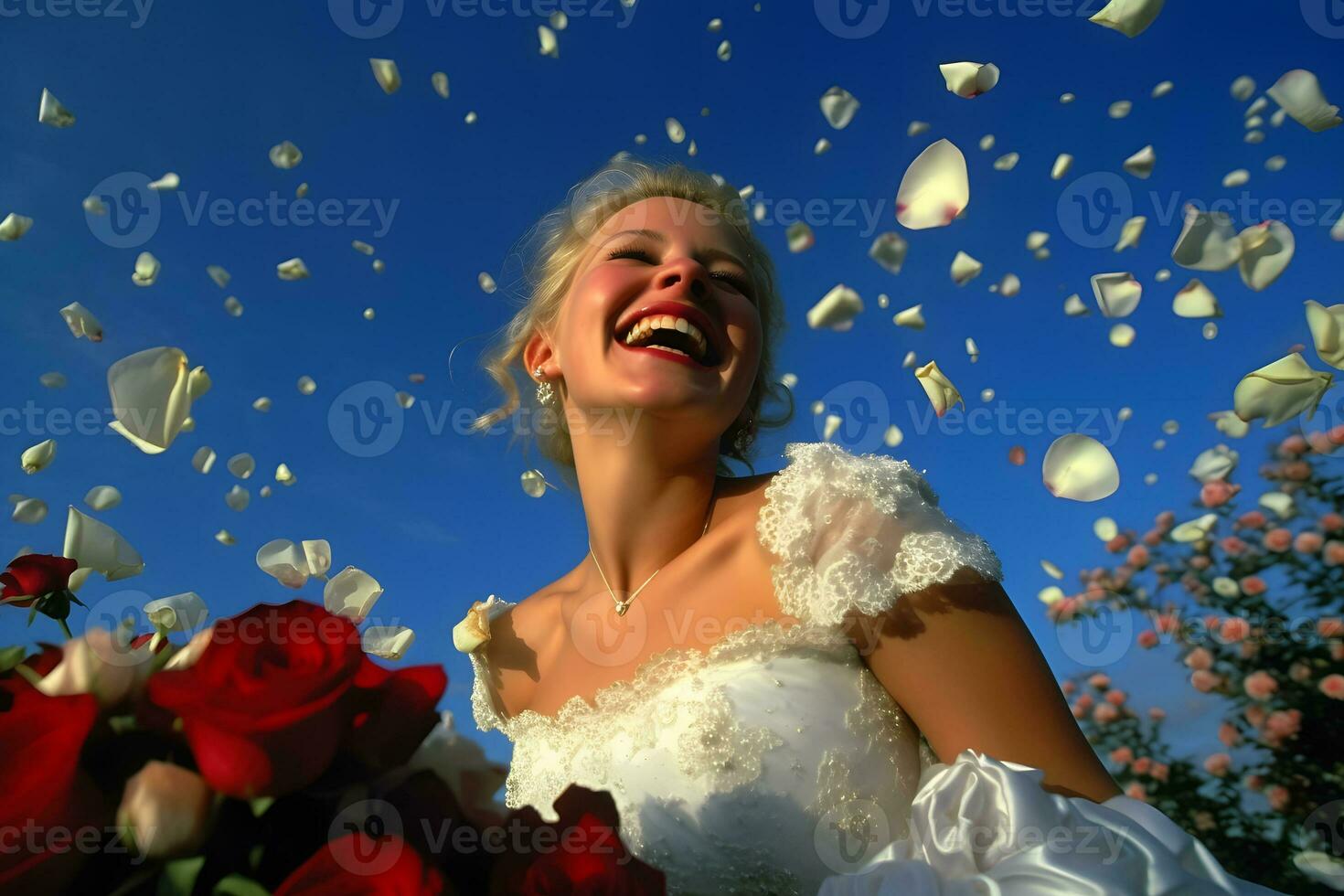 skön kvinna brud med blommor. neuralt nätverk ai genererad foto