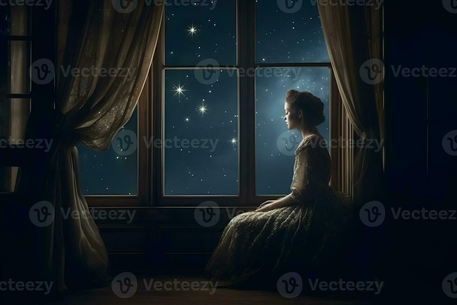 drömmande fantasi prinsessa utseende på de natt himmel och stjärnor. neuralt nätverk ai genererad foto