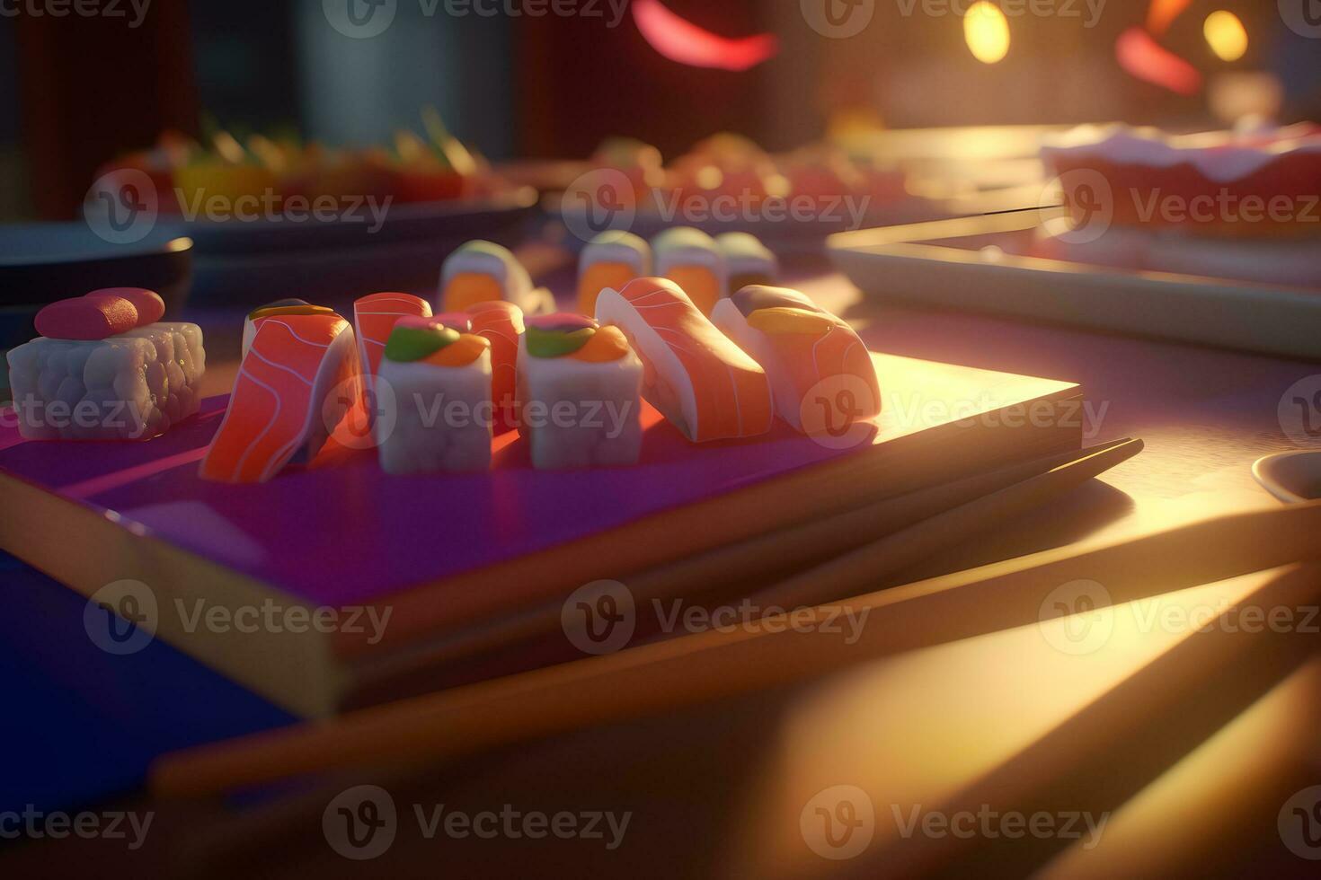närbild se av utsökt sushi uppsättning på skiffer brädor. neuralt nätverk ai genererad foto