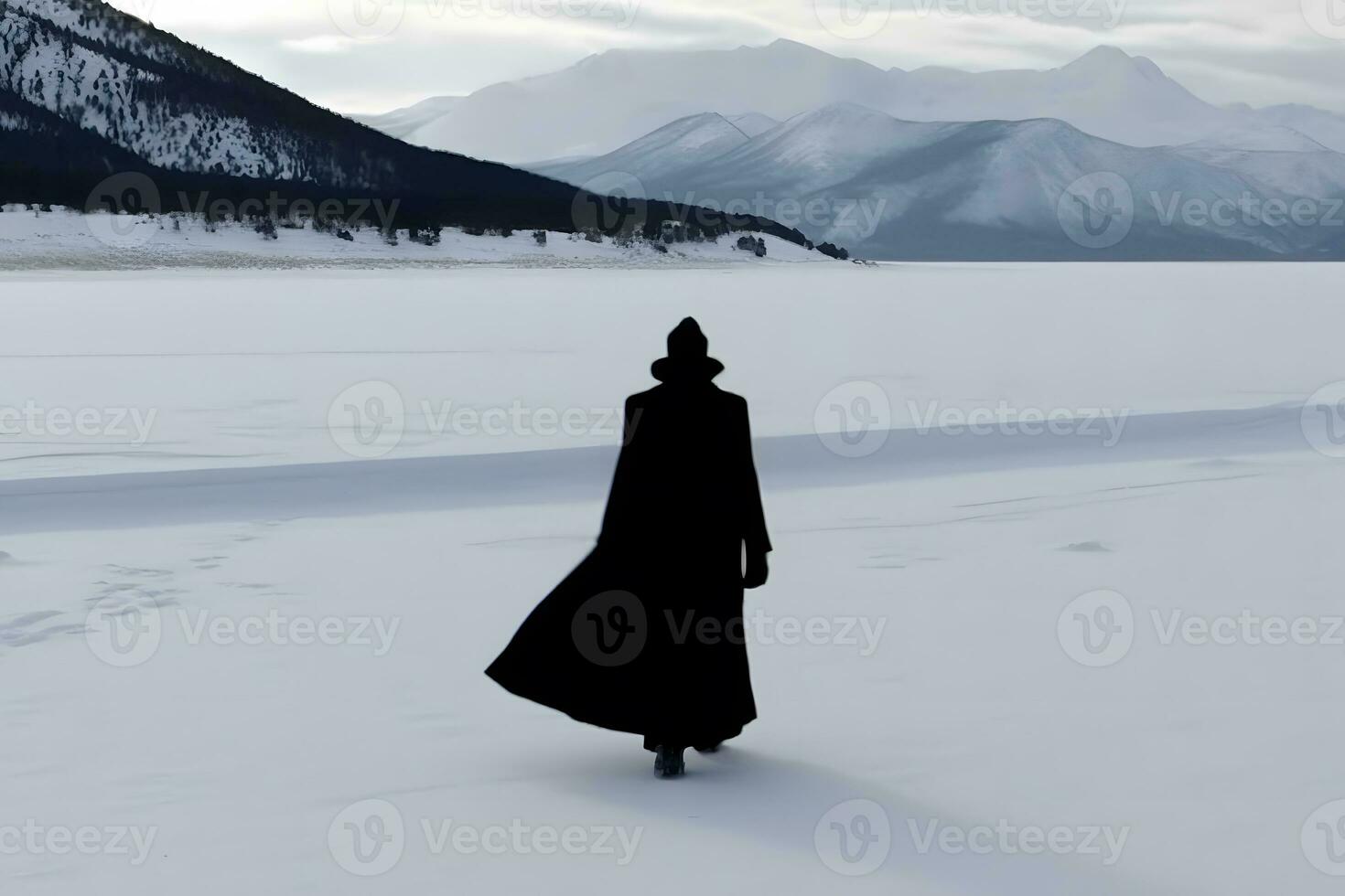 en spöklik kvinna gående längs en Land väg på en läskigt dimmig vintrar dag. med en kall, blå redigera. neuralt nätverk ai genererad foto