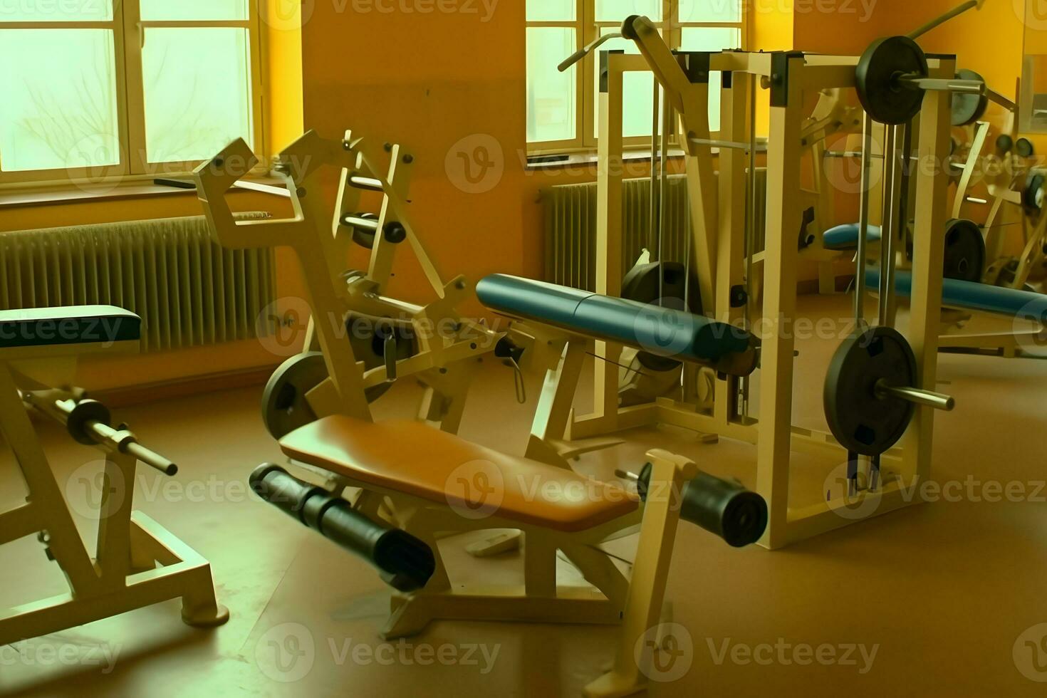 modern av Gym interiör med Utrustning. sporter Utrustning i de Gym. neuralt nätverk ai genererad foto