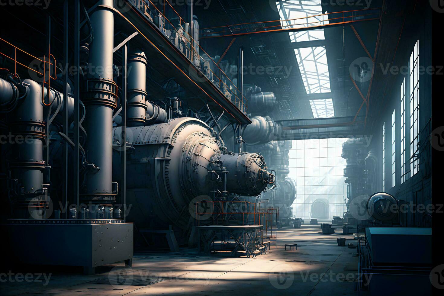 industriell växt interiör med många rör och maskineri. neuralt nätverk genererad konst foto