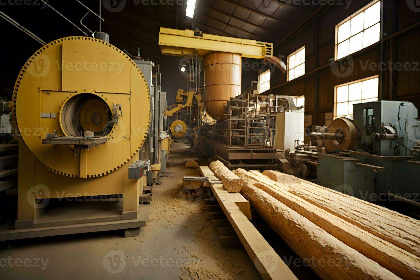 träbearbetning sågverk produktion och bearbetning av trä- styrelser i en modern industriell fabrik hopsättning linje i produktion. neuralt nätverk genererad konst foto