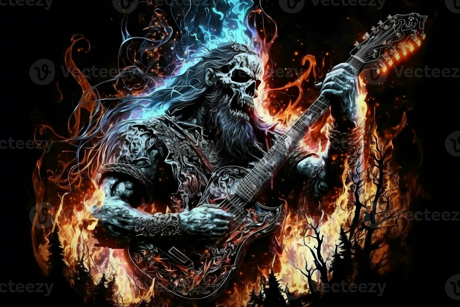 psychedelic skelett demon illustration. tung metall. neuralt nätverk ai genererad foto