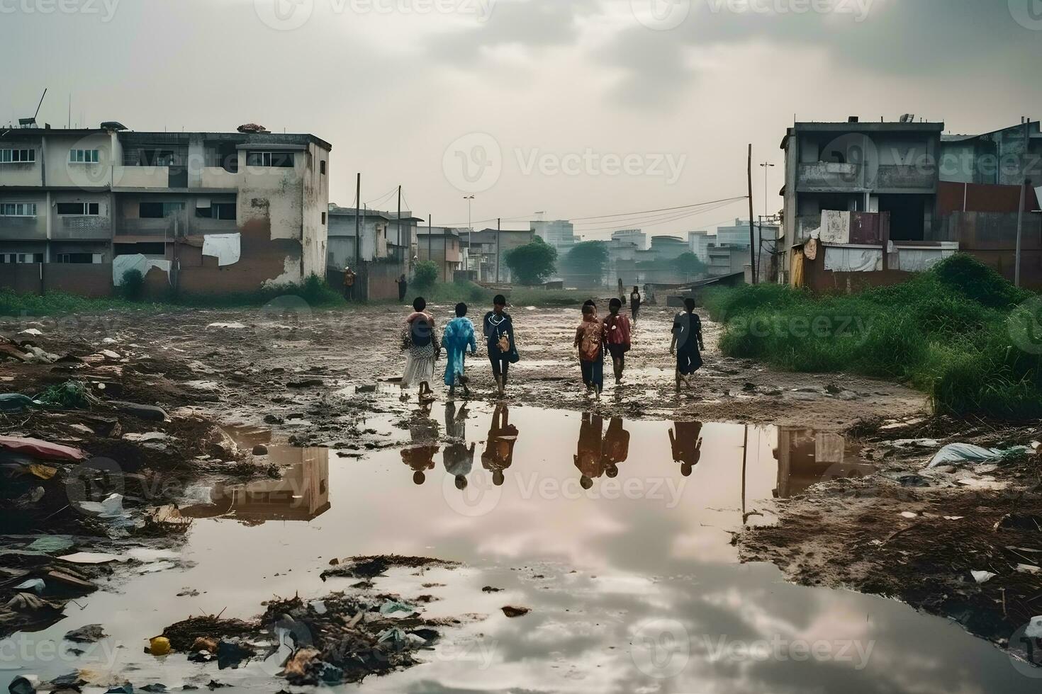 smuts väg på de gata i afrika, barn är gående. neuralt nätverk ai genererad foto