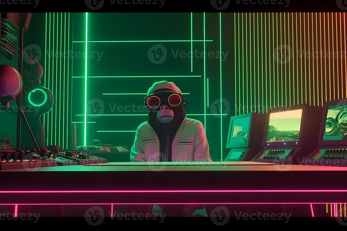 Häftigt eleganta apa dj. synthwave neon. neuralt nätverk ai genererad foto