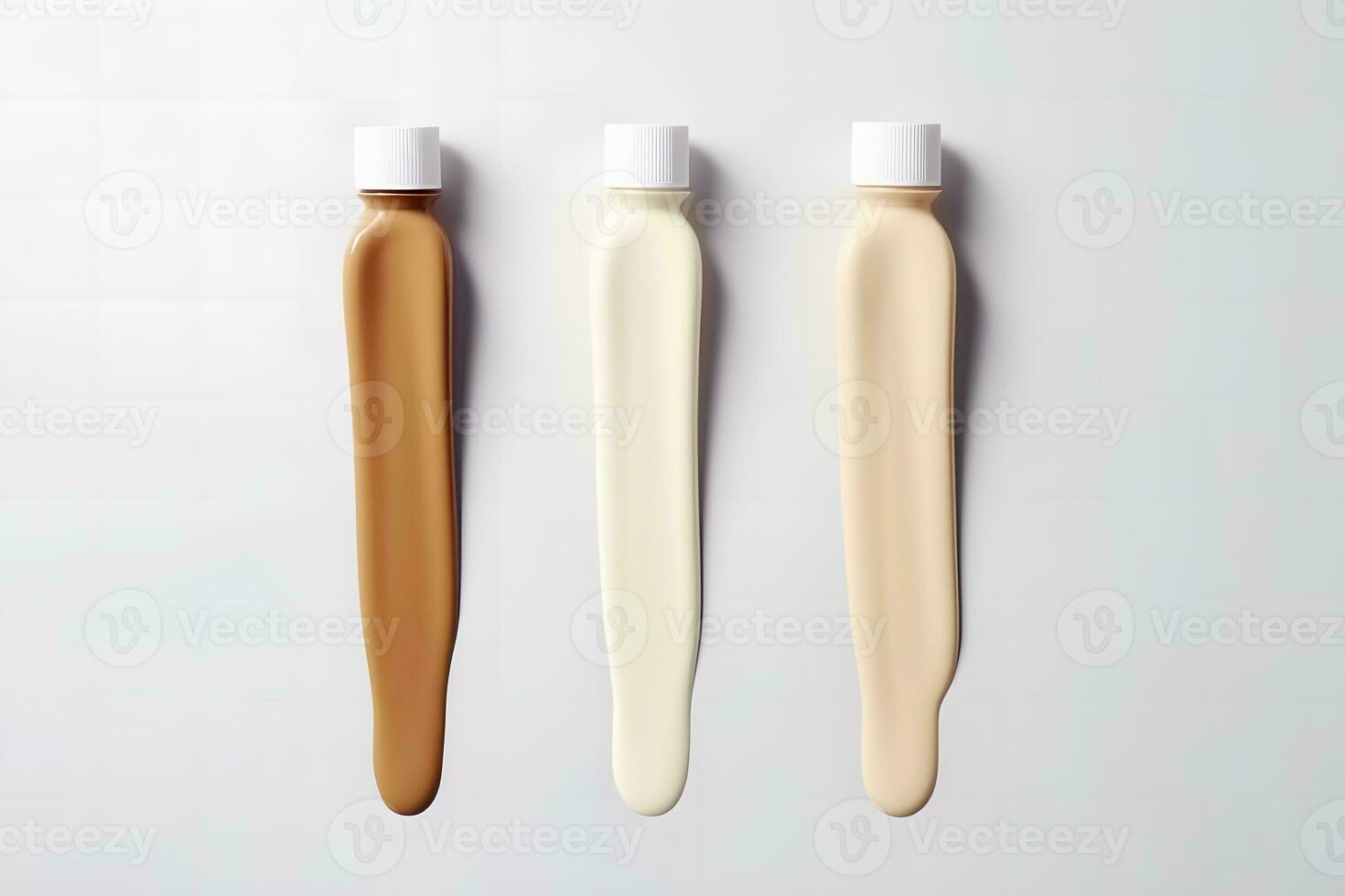 smink flytande fundament, beige concealer utstryker uppsättning. ljus brun kosmetisk göra upp bas grädde swatch fläcka isolerat på vit bakgrund. bb cc grädde textur. neuralt nätverk ai genererad foto