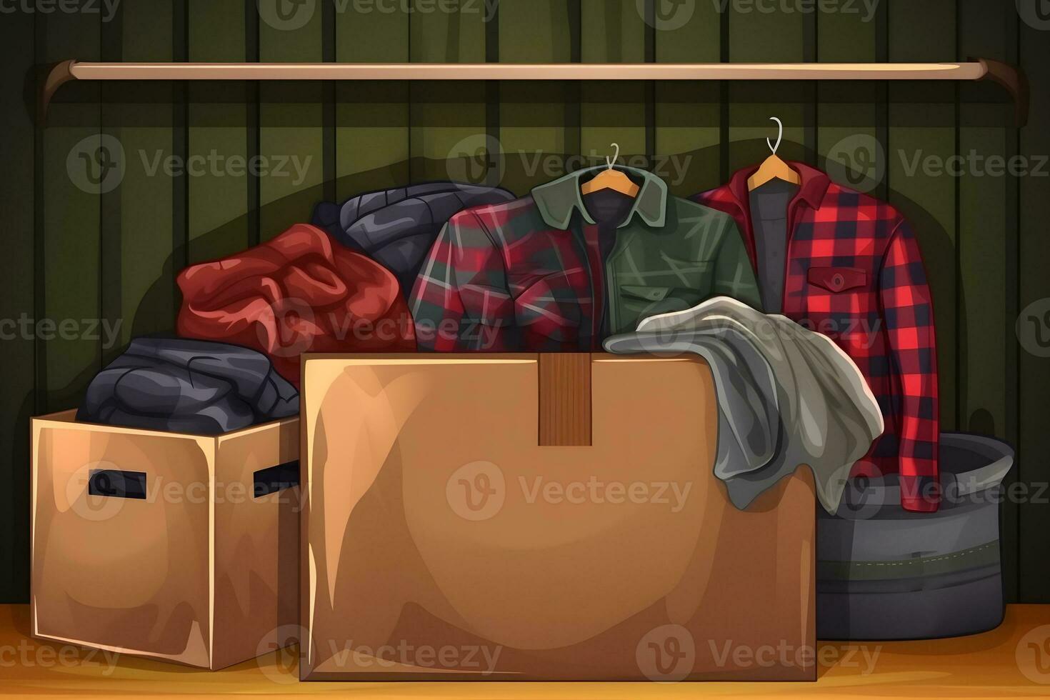 en stack av kläder i annorlunda färger i en låda. de begrepp av medveten Kläder konsumtion. neuralt nätverk ai genererad foto