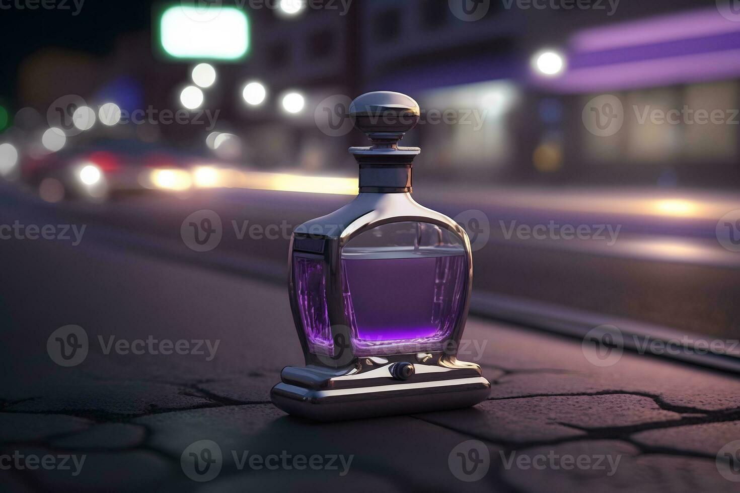 parfym flaska mot de bakgrund av natt stad lampor. neuralt nätverk genererad konst foto