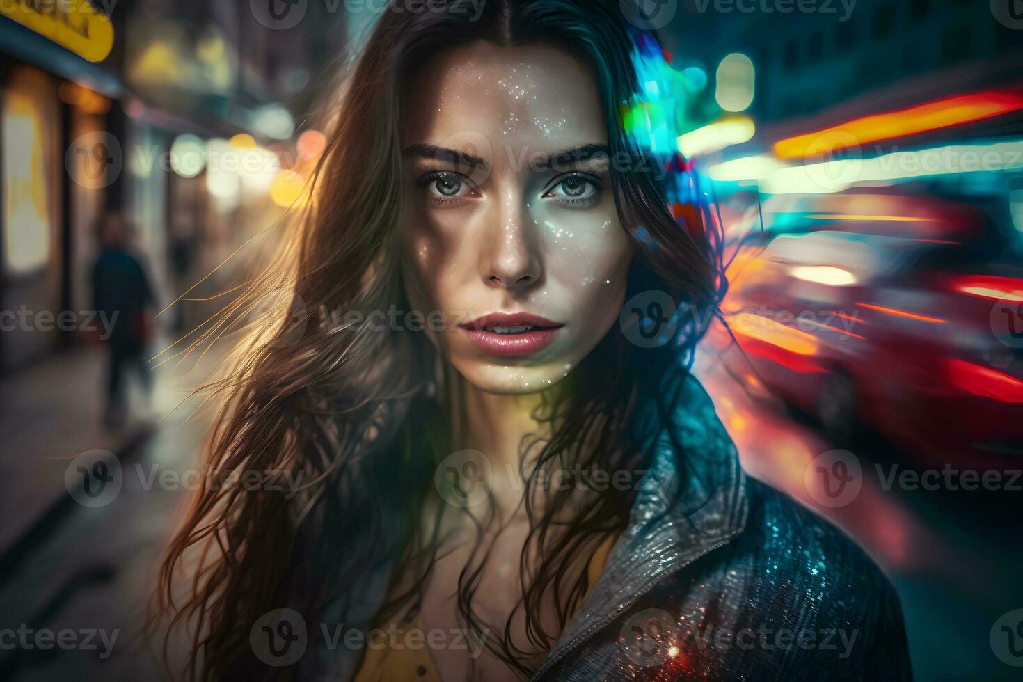 filmiska natt porträtt av flicka och neon lampor. neuralt nätverk ai genererad foto
