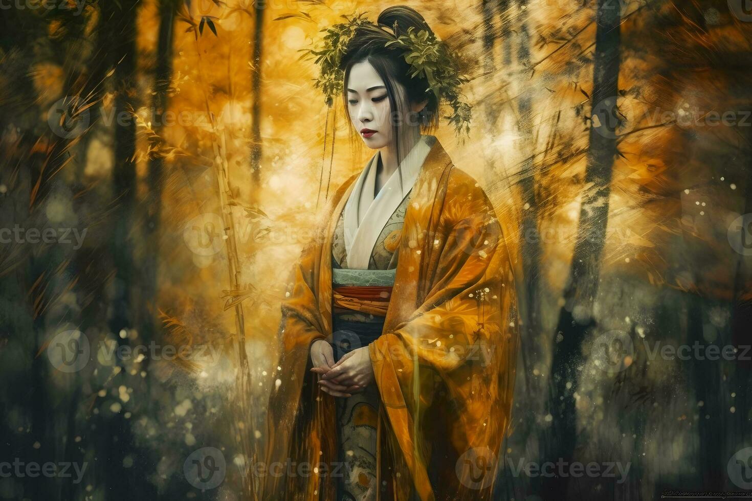 skön asiatisk kvinna i gul kimono i höst skog. neuralt nätverk ai genererad foto