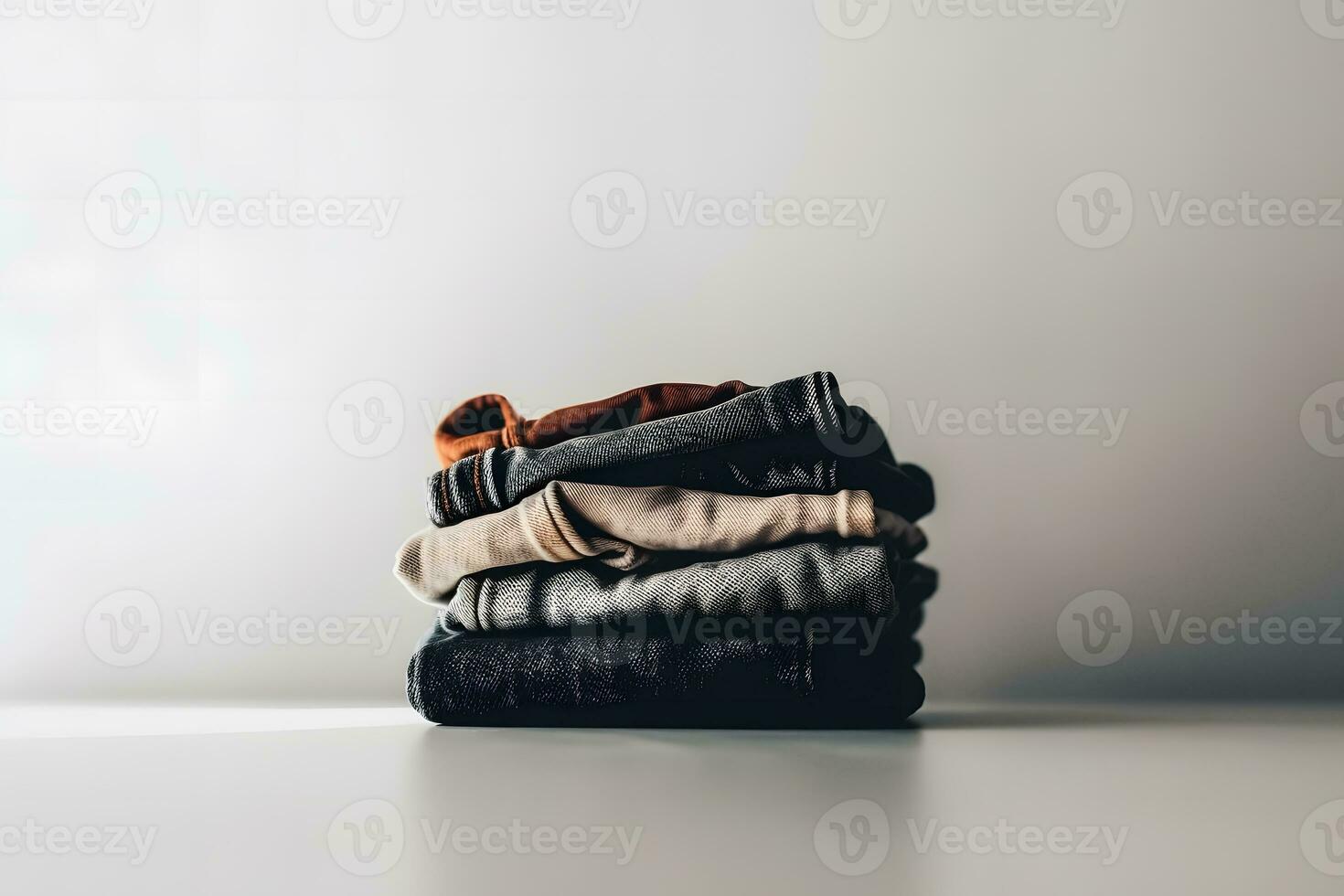 jeans byxor stack på vit bakgrund. neuralt nätverk ai genererad foto