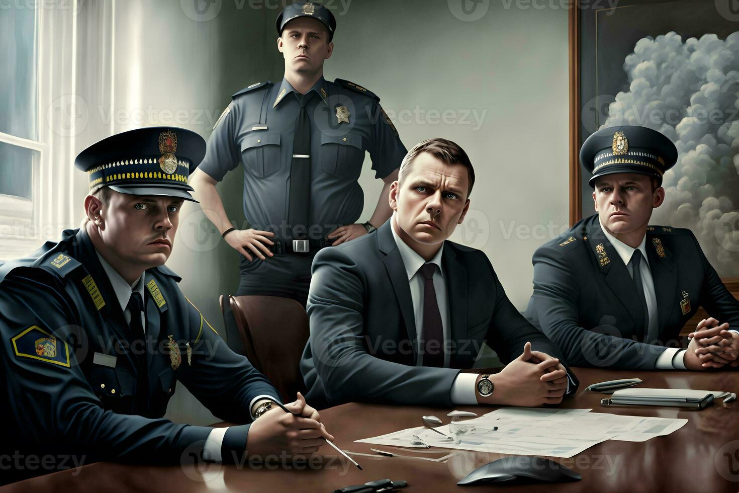årgång porträtt av manlig polis arbetare i klassisk polis uniformer i avdelning interiör. neuralt nätverk genererad konst foto