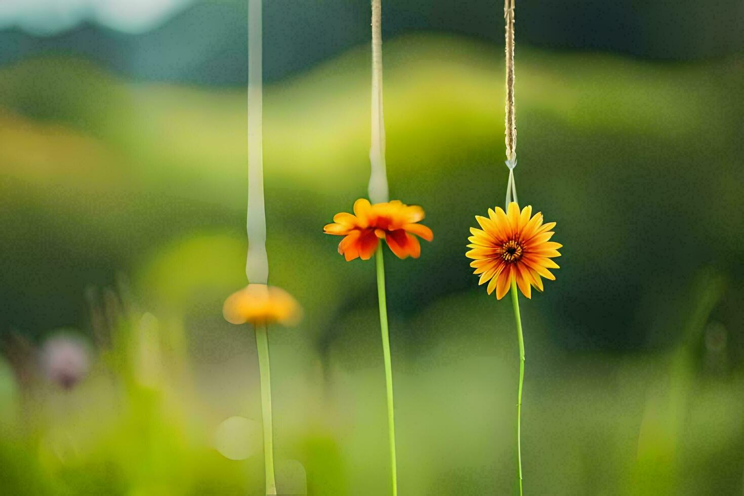 tre blommor hängande från strängar i en fält. ai-genererad foto