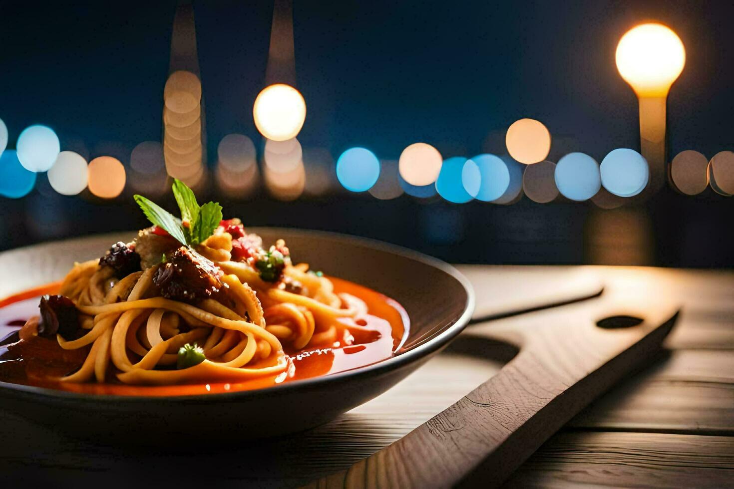 spaghetti med kött och tomat sås i en skål. ai-genererad foto