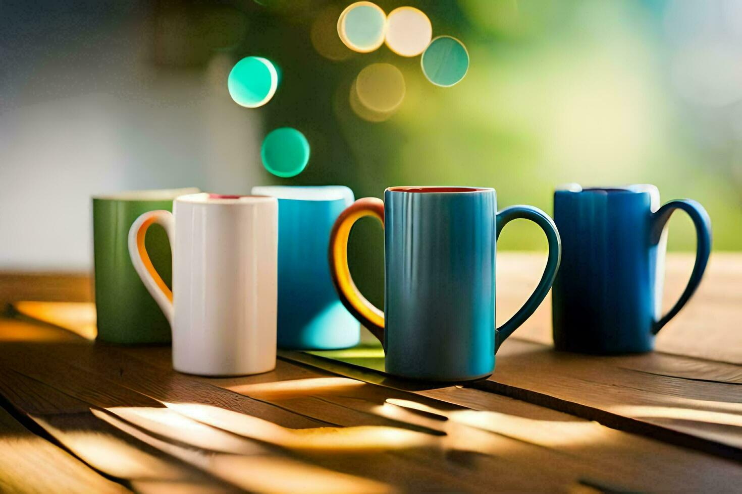 färgrik kaffe muggar på en trä- tabell. ai-genererad foto