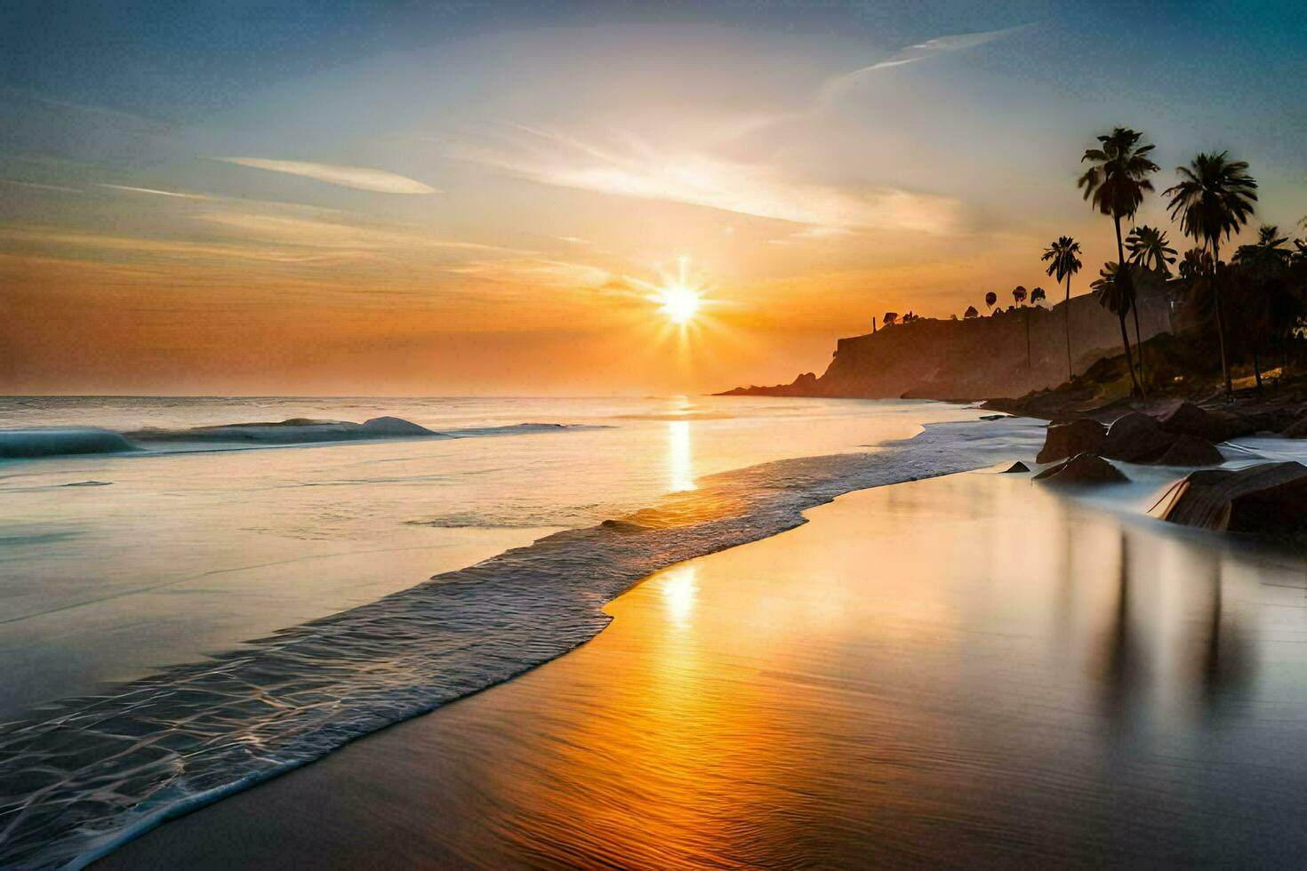 de Sol stiger över de hav och de strand i detta Foto. ai-genererad foto