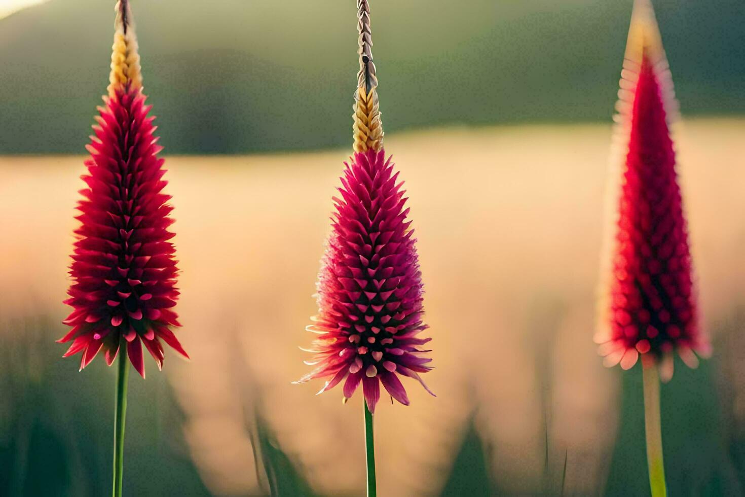 tre röd blommor i en fält. ai-genererad foto