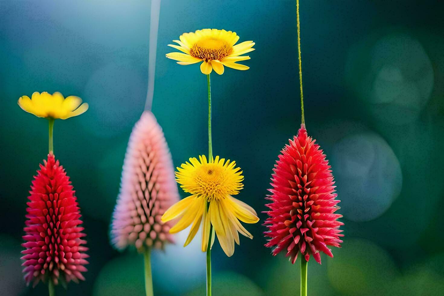 fyra färgrik blommor är stående i en rad. ai-genererad foto