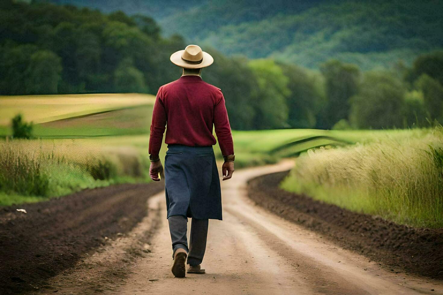 en man i en hatt promenader ner en smuts väg. ai-genererad foto