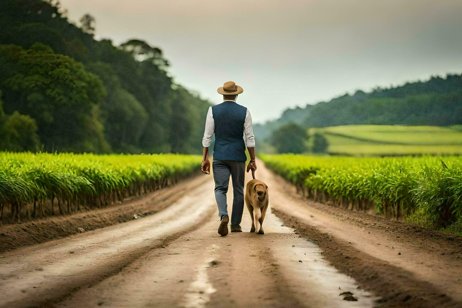 en man gående hans hund ner en smuts väg. ai-genererad foto