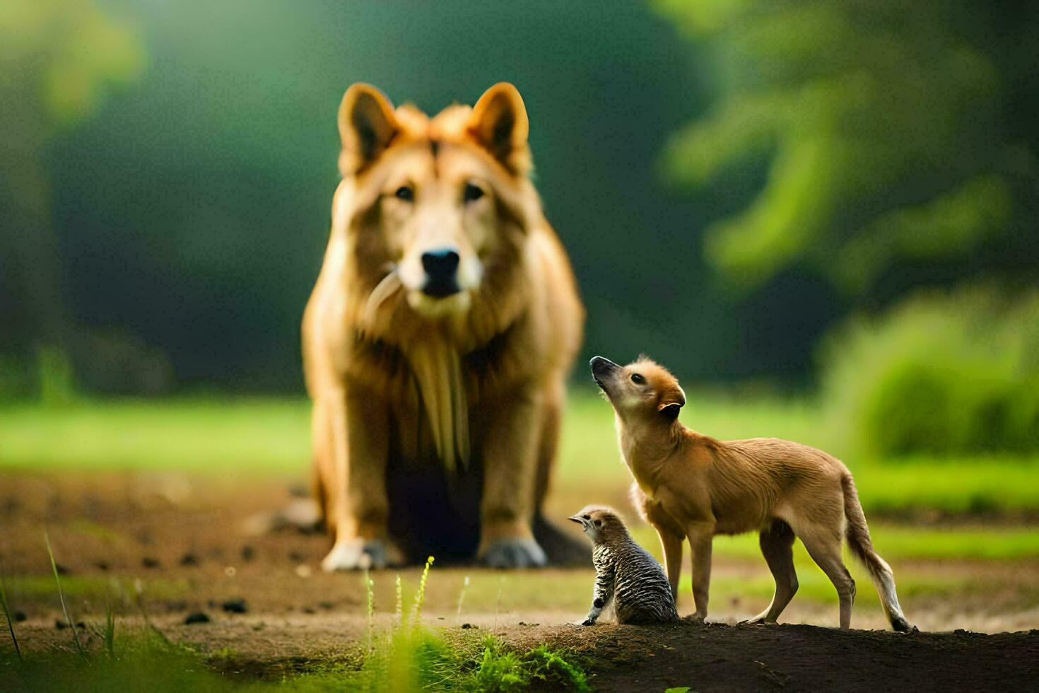 en hund och en katt stående Nästa till en stor hund. ai-genererad foto