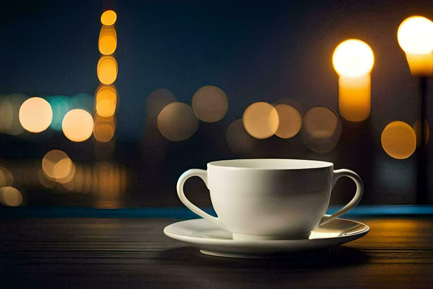 en kopp av kaffe på en tabell i främre av en stad. ai-genererad foto