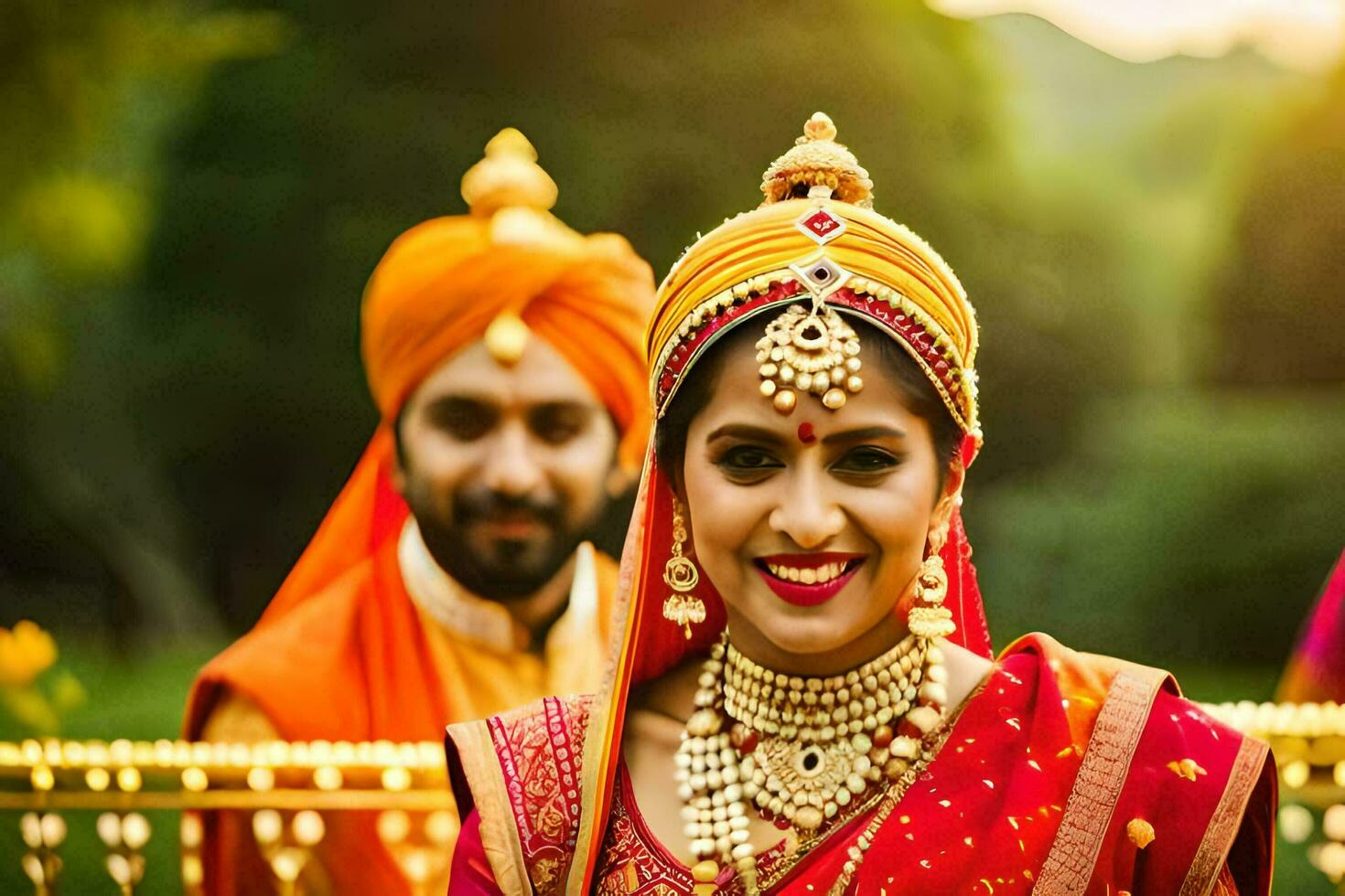 en brud och brudgum i traditionell indisk klädsel. ai-genererad foto