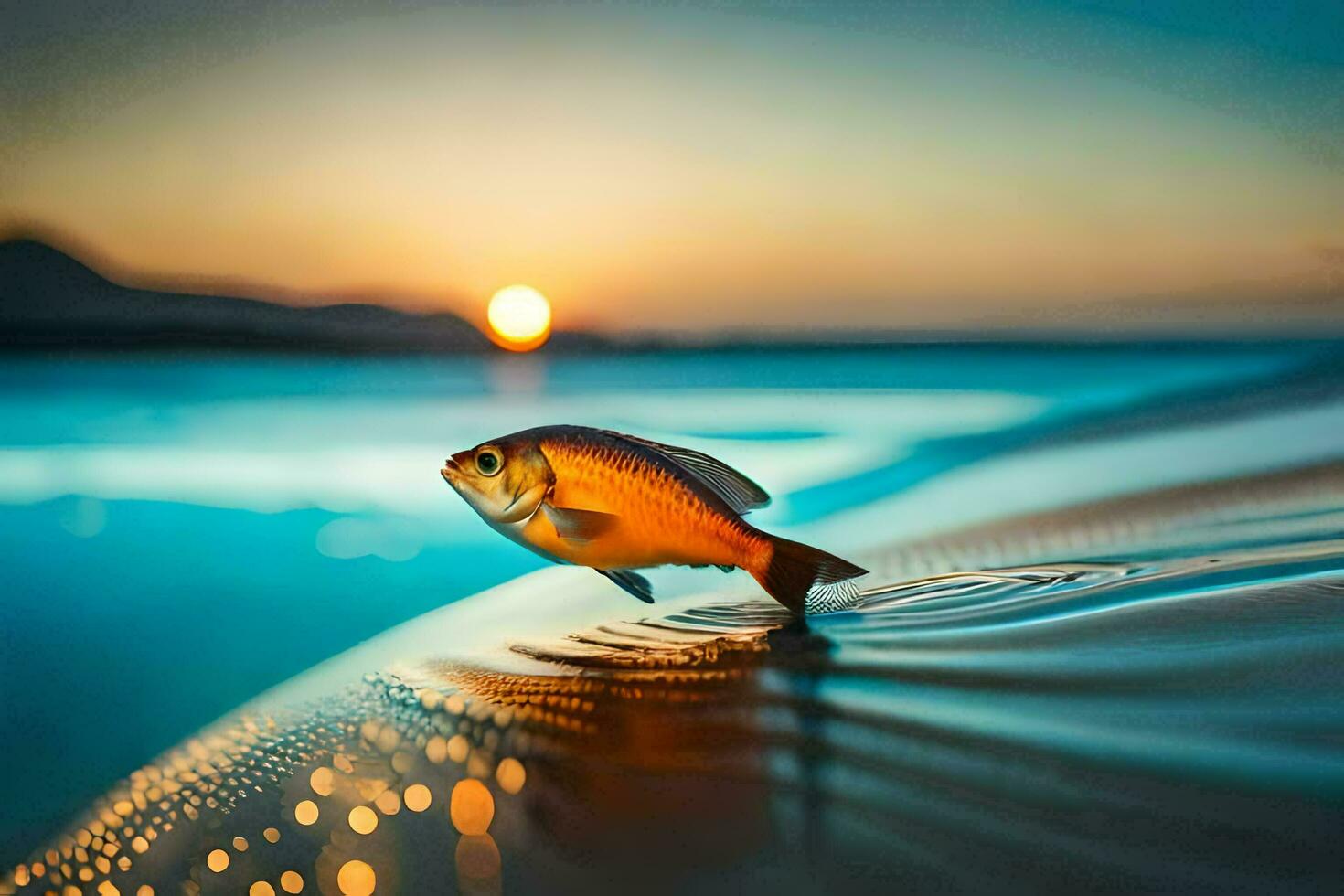 en fisk är stående på de strand på solnedgång. ai-genererad foto