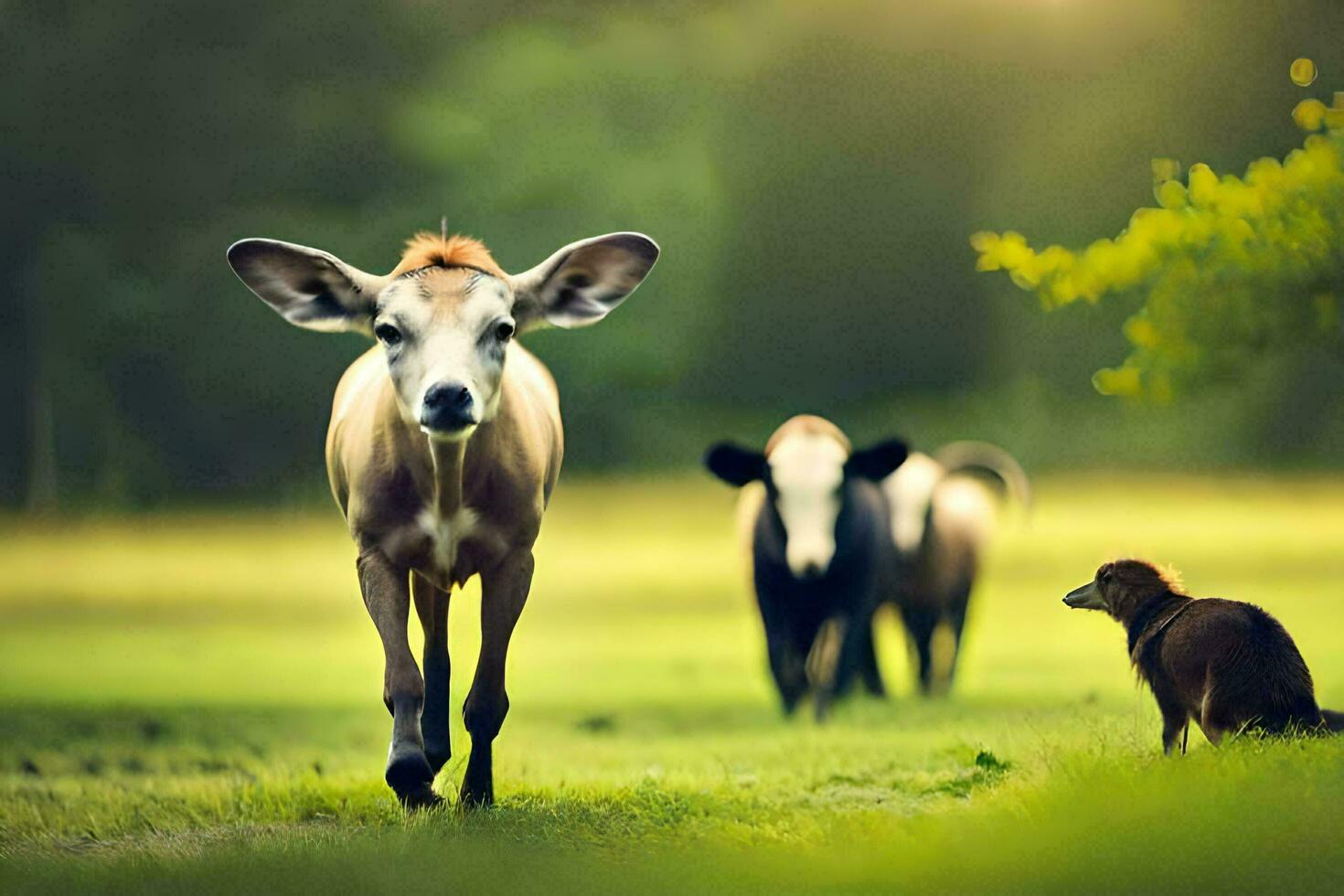 en ko och en hund gående i de gräs. ai-genererad foto