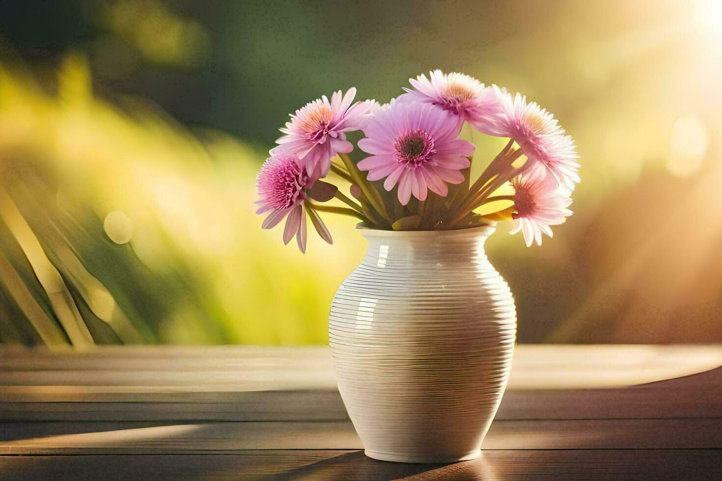 en vas av rosa blommor på en tabell. ai-genererad foto