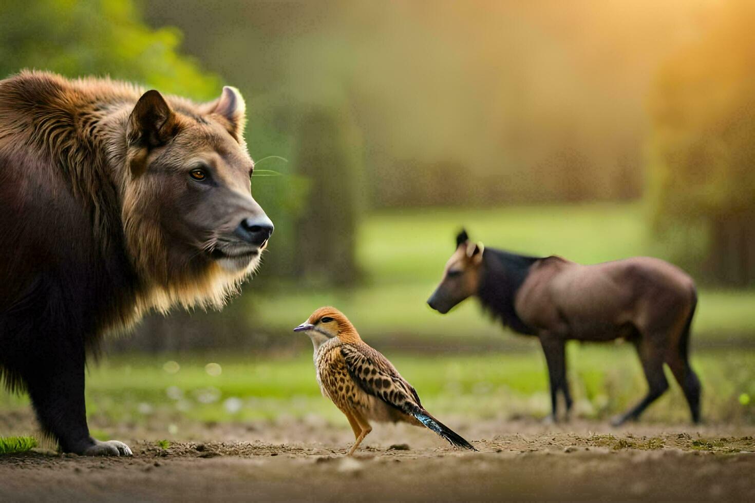 en lejon och en fågel stående Nästa till varje Övrig. ai-genererad foto