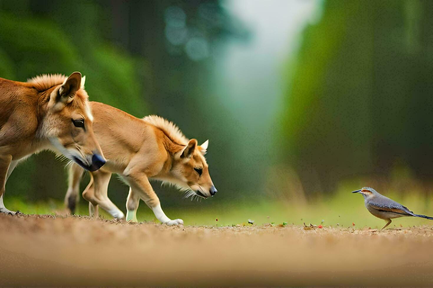två hundar och en fågel gående i de skogen. ai-genererad foto