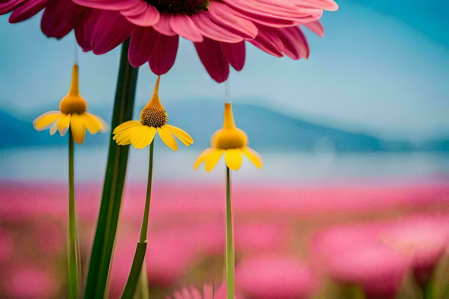 rosa blommor i en fält med en blå himmel. ai-genererad foto