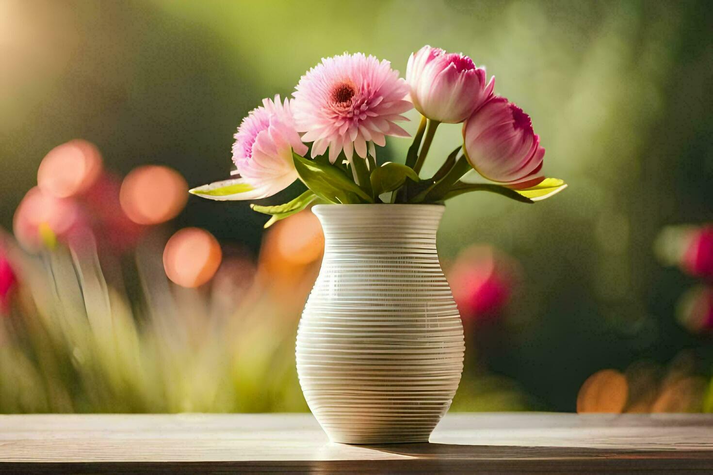en vas med rosa blommor på en tabell. ai-genererad foto