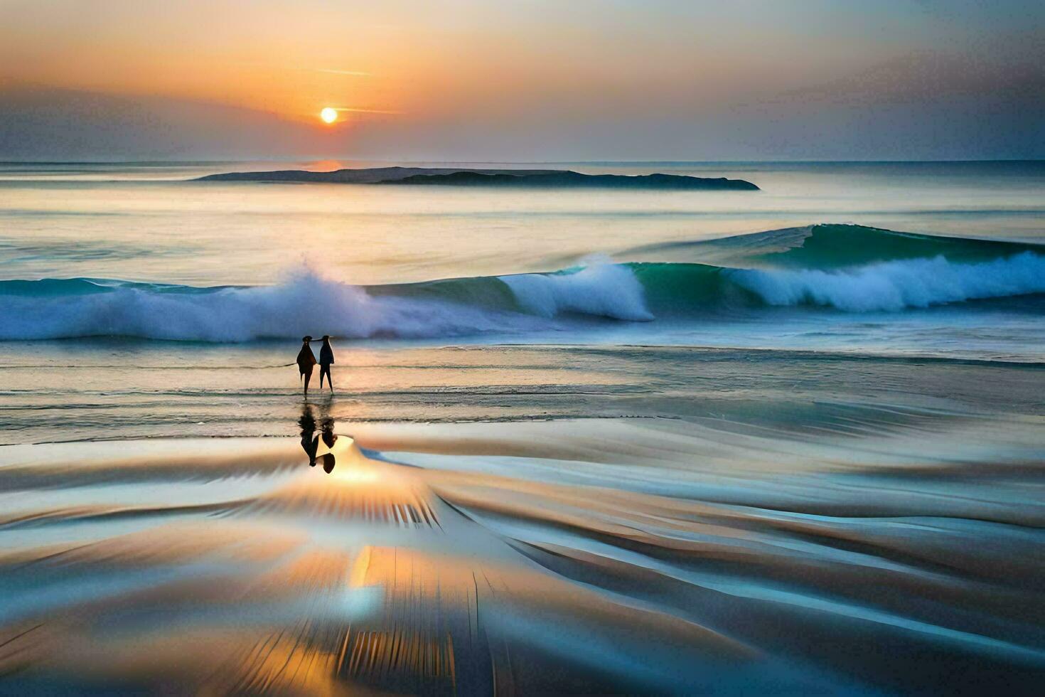 de par är stående på de strand på solnedgång. ai-genererad foto