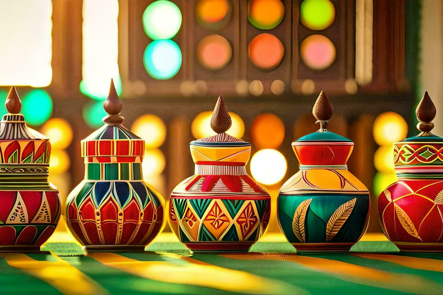 färgrik dekorativ burkar på en tabell. ai-genererad foto