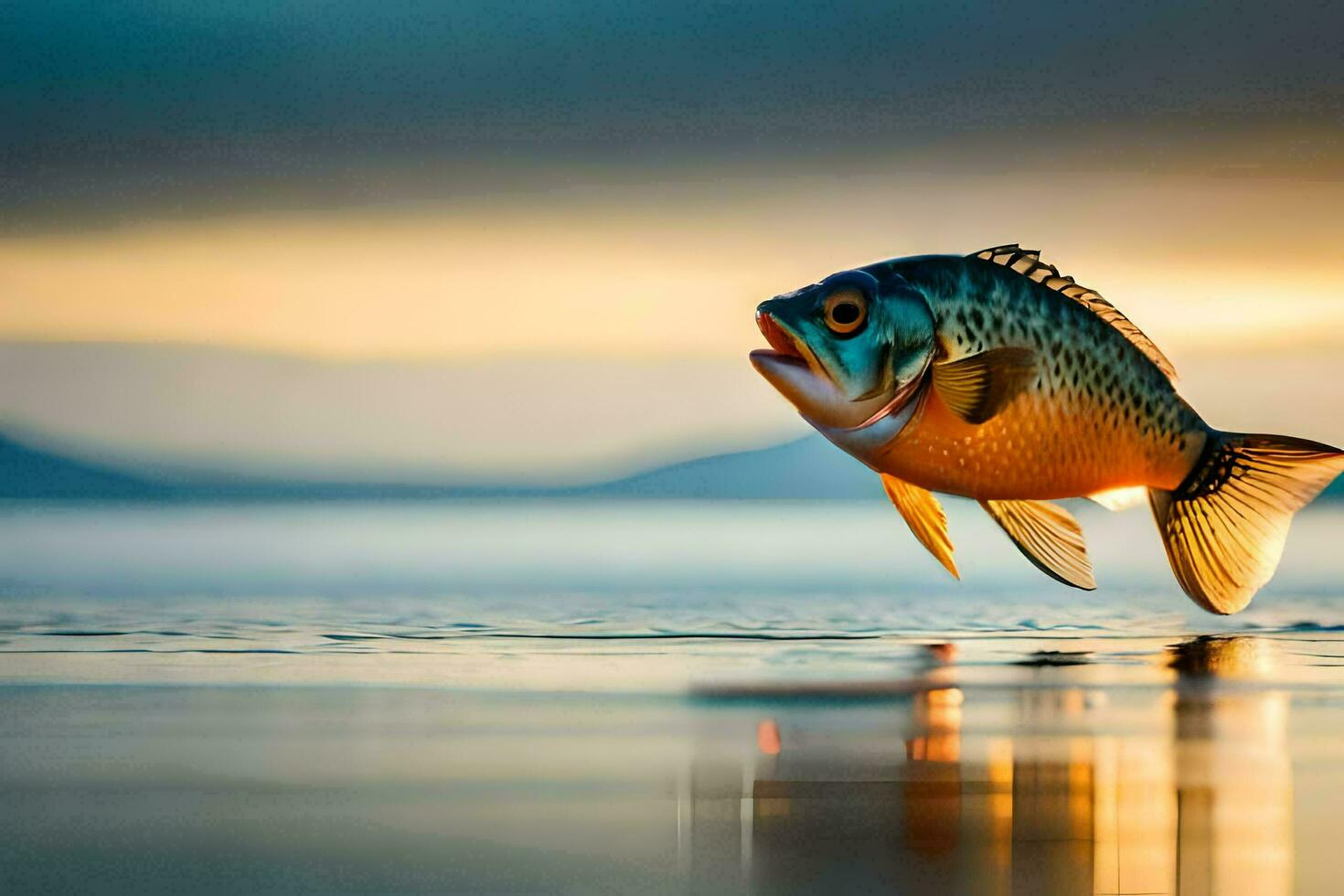 en fisk är Hoppar ut av de vatten på solnedgång. ai-genererad foto