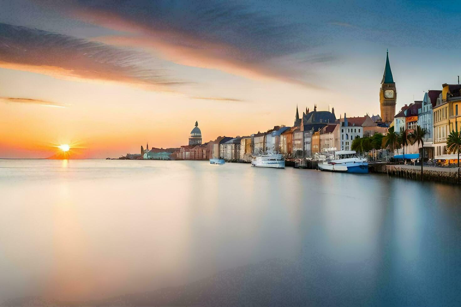 de Sol uppsättningar över de stad av köpenhamn. ai-genererad foto