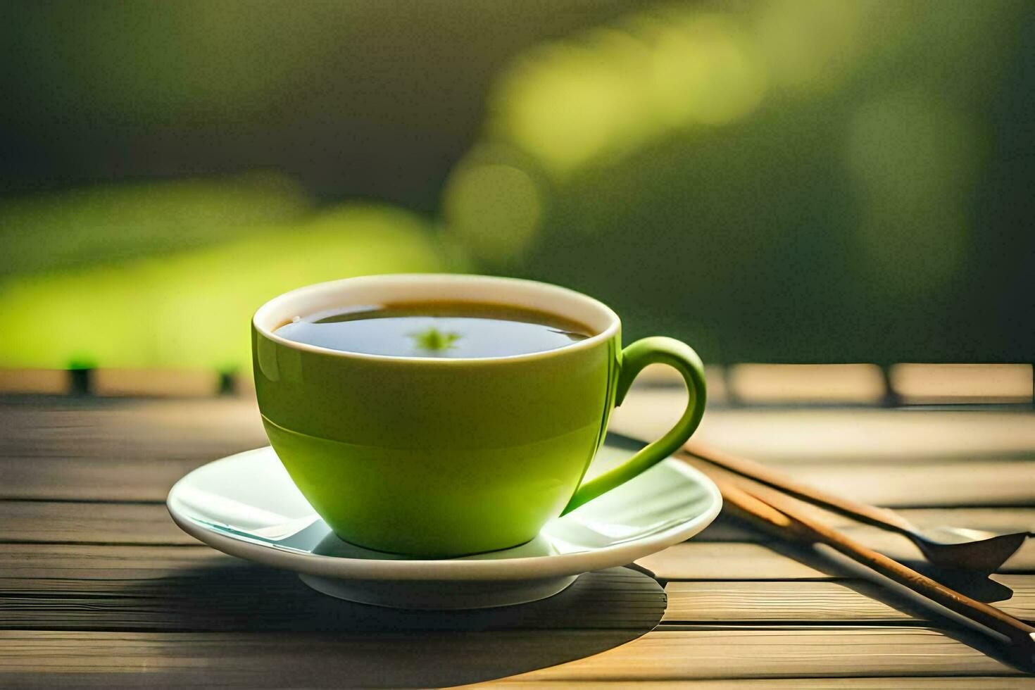 en kopp av grön te på en trä- tabell. ai-genererad foto