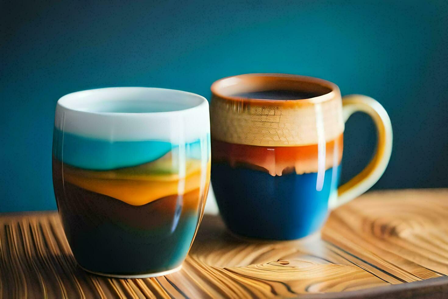 två färgrik kaffe muggar på en trä- tabell. ai-genererad foto