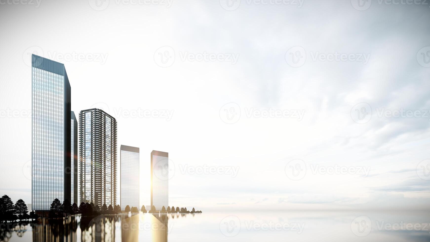 modern stad byggnad och solljus, 3d tolkning bakgrund med tom kopia Plats. foto