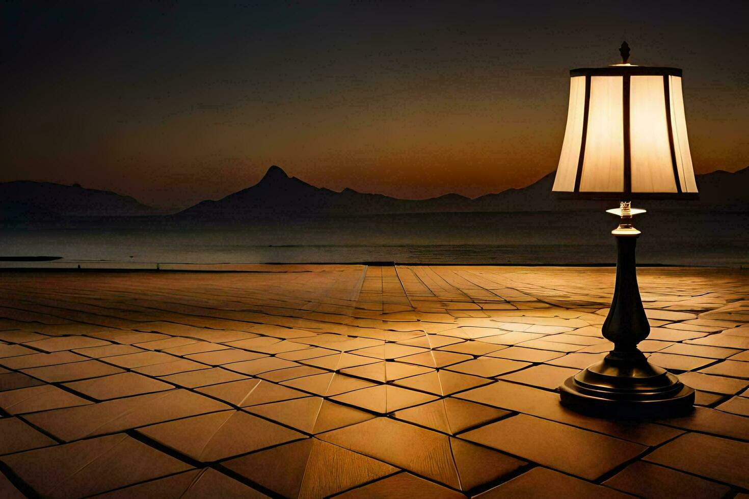en lampa på en kaklade golv i främre av en sjö. ai-genererad foto