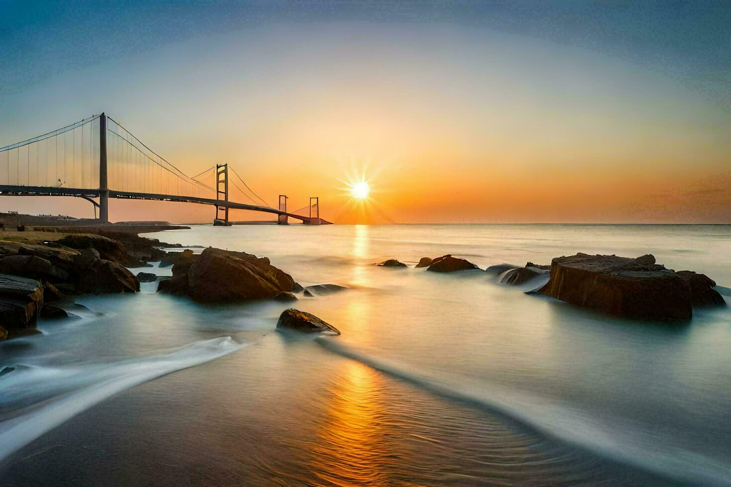 de Sol stiger över de hav och en bro. ai-genererad foto