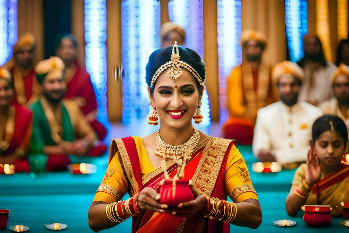 en kvinna i traditionell indisk klädsel innehav en ljus. ai-genererad foto