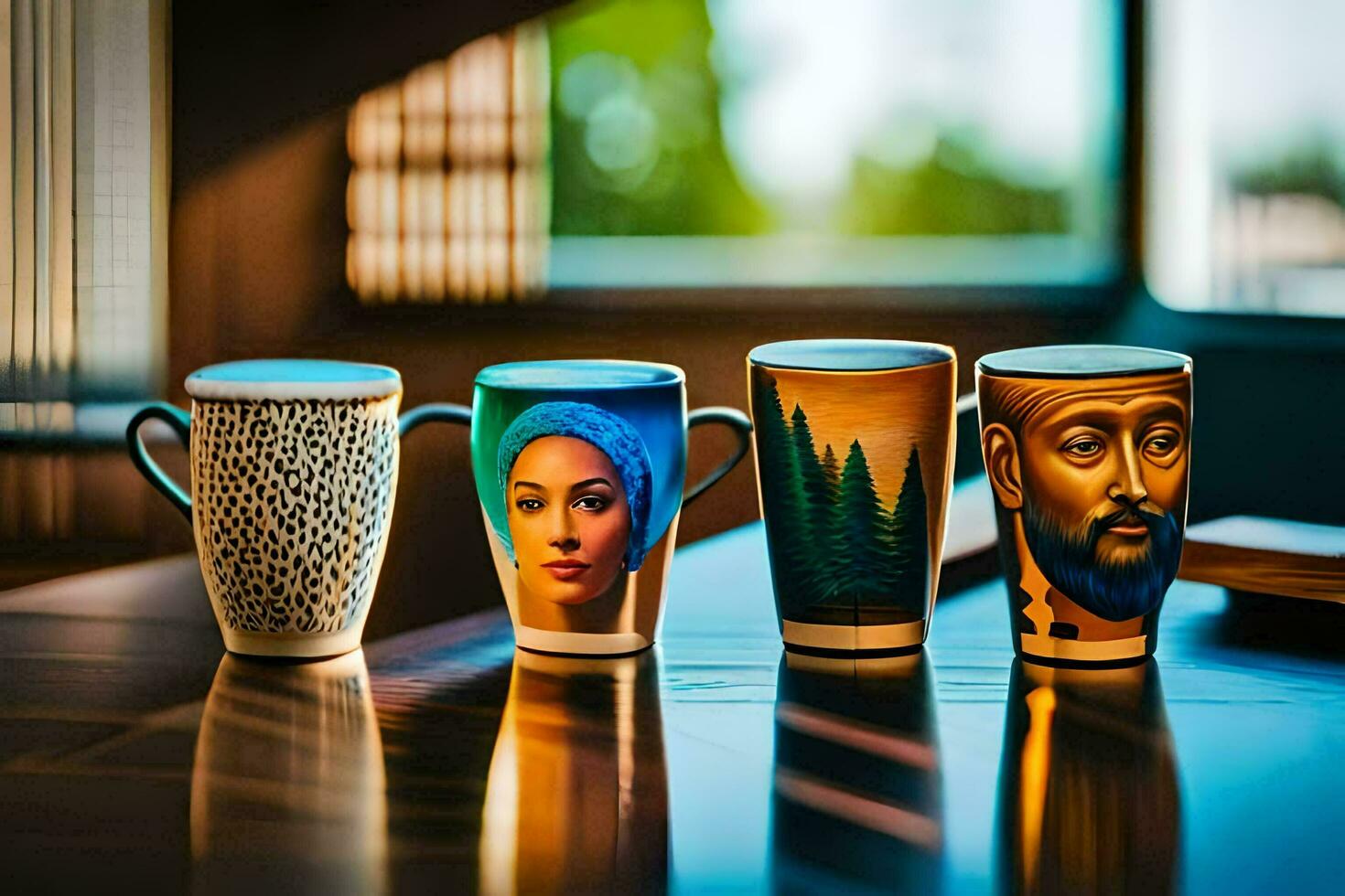 fyra kaffe koppar med annorlunda mönster på dem. ai-genererad foto