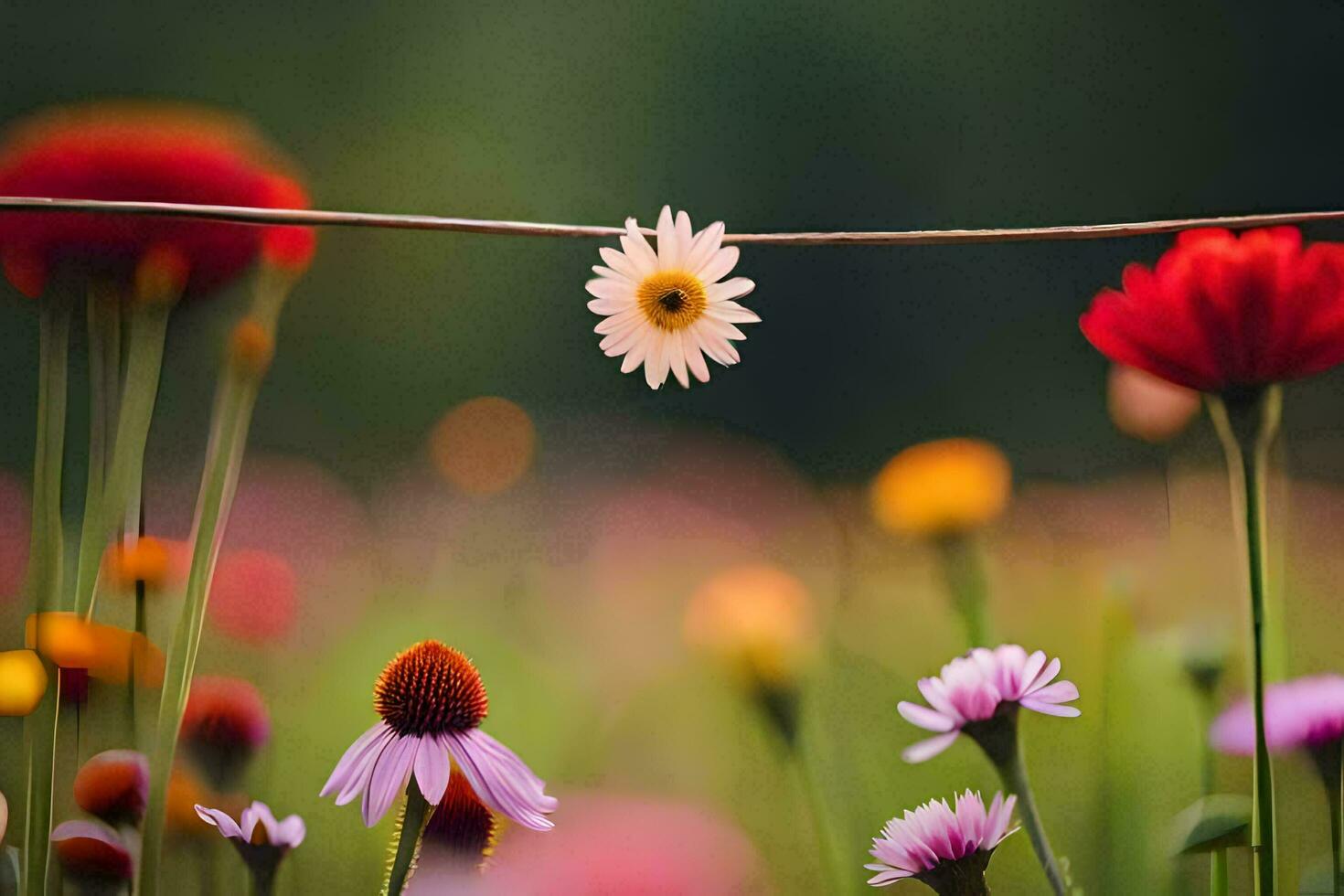 en daisy är hängande från en tråd i en fält. ai-genererad foto