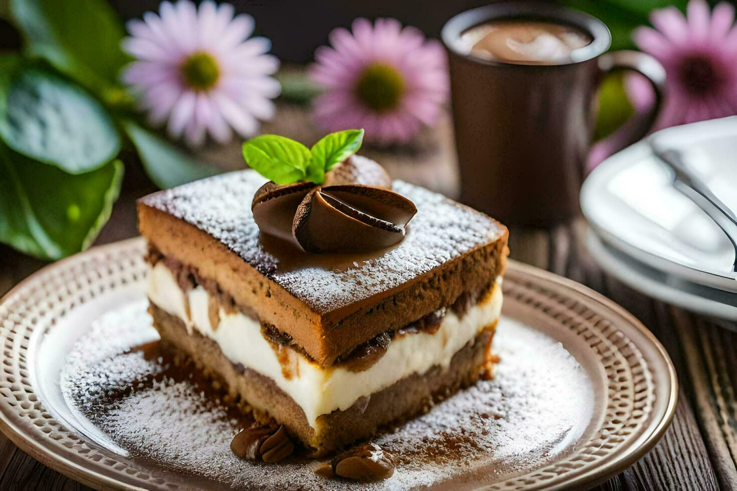 en bit av choklad kaka med vispad grädde och en kopp av kaffe. ai-genererad foto