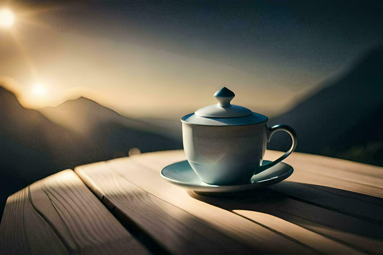 en kopp av kaffe på en tabell i främre av berg. ai-genererad foto