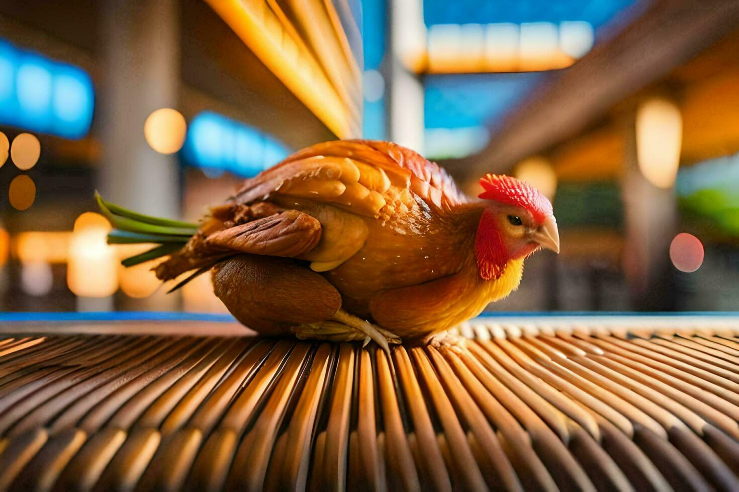 en kyckling är Sammanträde på en trä- tabell. ai-genererad foto